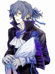  1boy bad_id bad_pixiv_id black_hair blue_flower blue_rose bouquet coat flower formal gilbert_nightray gloves hamayoshi male_focus pandora_hearts rose simple_background solo trench_coat yellow_eyes 