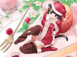  alcohol animal_ears bad_feet berry black_eyes black_hair boots cake cat_ears cat_tail commentary_request cup drinking_glass female flower food fork fruit hat icing in_food kanzaki_miku kuroinu mini_person minigirl original plate santa_hat shoes single_shoe solo strawberry strawberry_blossoms tail thighhighs wine wine_glass 