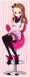  black_bow black_footwear black_thighhighs bow brown_eyes brown_hair chair commentary_request dress female footwear_bow full_body hairband highres hyuuga_takashi idolmaster idolmaster_(classic) idolmaster_2 legs long_hair minase_iori photoshop_(medium) rabbit shoes sitting sitting_on_object smile solo stuffed_animal stuffed_rabbit stuffed_toy thighhighs usa-chan_(idolmaster) 