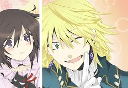  1boy alice_(pandora_hearts) black_hair blonde_hair blush braid commentary_request dress earrings feline female formal gloves green_eyes jack_vessalius jewelry jozechiri long_hair one_eye_closed pandora_hearts purple_eyes ribbon smile very_long_hair 