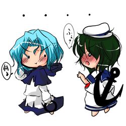  2girls anchor angry blue_hair blush bracelet buuwa chibi commentary_request green_hair hat hood hood_down jewelry kumoi_ichirin multiple_girls murasa_minamitsu pout sailor sailor_hat short_hair touhou 