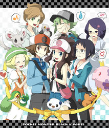  3boys 4girls :&lt; ahoge anger_vein aurea_juniper bad_id bad_pixiv_id bag baseball_cap beret bianca_(pokemon) black_hair blonde_hair blue_eyes blush brown_eyes brown_hair checkered cheren_(pokemon) closed_eyes earrings eighth_note everyone fennel_(pokemon) glasses green_eyes green_hair hair_ornament hairclip handbag hat heart hilbert_(pokemon) hilda_(pokemon) jewelry lab_coat minccino multiple_boys multiple_girls munna musical_note n_(pokemon) one_eye_closed oshawott pidove pokemon pokemon_(creature) pokemon_bw ponytail purple_hair ribbon sigina sleeves_rolled_up snivy spoken_anger_vein spoken_blush spoken_heart spoken_musical_note spoken_sweatdrop starter_pokemon_trio sweatdrop tepig wince 