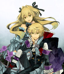  1boy ada_vessalius blonde_hair boots bridal_garter brother_and_sister choker commentary_request cuffs dress female formal gloves green_eyes hair_ribbon hoop_skirt long_hair oz_vessalius pandora_hearts photoshop_(medium) ribbon short_hair siblings sitting smile thighhighs yoshi_92 