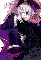  1boy bad_id bad_pixiv_id boots candy emily_(pandora_hearts) eyepatch flower food formal gloves grey_hair hair_over_one_eye hamayoshi hat male_focus pandora_hearts pirate red_eyes rose solo xerxes_break 