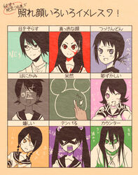  1boy 6+girls bandages black_hair blood blood_on_face blush braid chalk chalkboard chart commentary_request crazy expression_chart expressions fuura_kafuka glasses glowing glowing_eyes green_eyes grin hair_ornament hairclip hand_on_own_chest hitou_nami itoshiki_nozomu kaga_ai kitsu_chiri kobushi_abiru komori_kiri long_hair marui_(szs) multiple_girls no_eyes otonashi_meru parted_bangs pink_eyes ponytail purple_eyes red_eyes richa_doa sayonara_zetsubou_sensei school_uniform serafuku short_hair sleeves_past_wrists smile swept_bangs translation_request twin_braids twintails v yandere yellow_eyes 