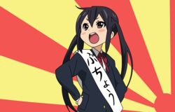  black_hair commentary_request female highres k-on! long_hair nakano_azusa rising_sun_flag sakuragaoka_high_school_uniform school_uniform siva solo sunburst sunburst_background twintails 