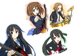  4girls akiyama_mio black_eyes black_hair brown_eyes brown_hair commentary_request drum drum_set guitar halhal highres hirasawa_yui instrument k-on! long_hair multiple_girls nakano_azusa sakuragaoka_high_school_uniform school_uniform short_hair tainaka_ritsu 