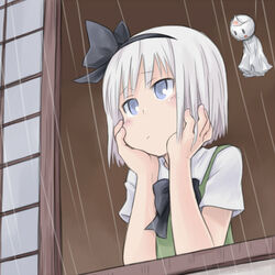  blue_eyes bored commentary_request female from_outside head_rest konpaku_youmu looking_outside myonde rain solo teruterubouzu touhou triangular_headpiece white_hair window windowsill 