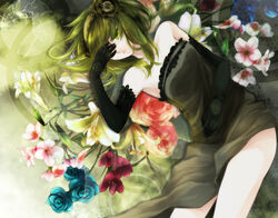  bad_id bad_pixiv_id black_dress dress elbow_gloves female flower from_above gloves green_eyes green_hair gumi lying photoshop_(medium) reika_(iamreika) short_hair solo vocaloid 