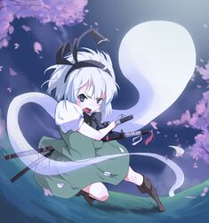  bad_id bad_pixiv_id blue_eyes blush female hair_ribbon hitodama konpaku_youmu konpaku_youmu_(ghost) ribbon solo sword touhou weapon white_hair zhao_shuwen 