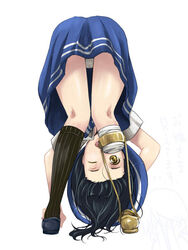  ;d amputee ass bad_id bad_pixiv_id bent_over black_hair borrowed_character chan_mage female girl_with_golden_shoe hat kin_no_kutsu_gin_no_kutsu kneehighs kneepits looking_through_own_legs one_eye_closed open_mouth original panties pantyshot prosthesis simple_background skirt smile socks solo standing translated underwear upside-down white_panties yellow_eyes 