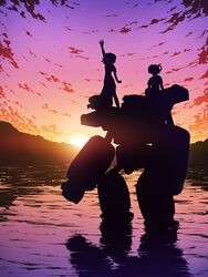  2girls commentary_request golem golem_(shukufuku_no_campanella) multiple_girls photoshop_(medium) ritos_tortilla salsa_tortilla scenery shukufuku_no_campanella silhouette sky sunset water yuku_(kiollion) 