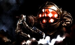  1boy 1other armor assault_visor battle big_daddy_(bioshock) bioshock_(series) bioshock_1 blood blood_stain blue_visor commentary_request crossover dead_space diving_suit drill drill_hand full_armor glowing glowing_eyes gun highres holding holding_weapon isaac_clarke looking_at_another red_eyes rui_tamachi science_fiction smoke standing weapon 