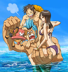  2boys :d ^_^ abs angry antlers ass back barefoot bikini black_hair blue_hair bracelet breasts carrying closed_eyes commentary_request day eyewear_on_head female franky_(one_piece) hat holding horns jewelry lipstick makeup male_swimwear medium_breasts monkey_d._luffy multiple_boys muscular nico_robin nika_(nikasa_an) ocean one_piece open_mouth outdoors puff_of_air scar short_hair shoulder_carry side-tie_bikini_bottom sideboob sideburns sitting sitting_on_arm smile straw_hat sunglasses swim_trunks swimsuit teeth tony_tony_chopper top_hat wading water wet 