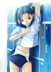  absurdres arm_up black_eyes black_hair clothes_pull dressing female highres kobayakawa_rinko locker locker_room long_hair love_plus megami_magazine megami_magazine_creators mino_tarou official_art one-piece_swimsuit one-piece_swimsuit_pull scan school_swimsuit school_uniform serafuku solo swimsuit twintails 