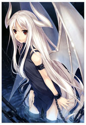  absurdres arm_strap brown_eyes chained chains cuffs demon_girl demon_wings dress female hagure_keg highres horns long_hair looking_at_viewer megami_magazine megami_magazine_creators open_mouth photoshop_(medium) scan shackles solo very_long_hair wading water white_hair wings 