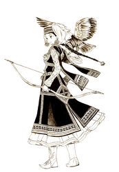  amira bird boots bow_(weapon) braid brown_theme commentary_request earrings female headdress highres jewelry kazakh_clothes kazakhstan monochrome otoyomegatari quiver single_braid solo standing sugano_manami weapon 