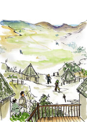  4boys commentary_request gensou_suikoden gensou_suikoden_i landscape multiple_boys scenery tanuki_(ugendou) ted_(suikoden) tir_mcdohl village 