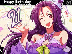  commentary_request dress female happy_birthday hat idolmaster idolmaster_(classic) long_hair miura_azusa one_eye_closed photoshop_(medium) purple_hair red_eyes solo yuu-yuu 