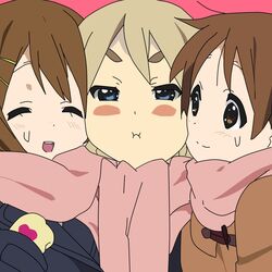  3girls cheek-to-cheek commentary_request heads_together hirasawa_ui hirasawa_yui k-on! kotobuki_tsumugi multiple_girls scarf shared_clothes shared_scarf takahiro_(rikky) 