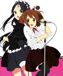  2girls absurdres akiyama_mio back-to-back black_eyes black_hair brown_eyes brown_hair clear_file_(medium) fuwafuwa_time highres hirasawa_yui horiguchi_yukiko k-on! long_hair long_sleeves microphone microphone_stand multiple_girls official_art open_mouth paint.net_(medium) pantyhose scan short_hair simple_background skirt third-party_edit 