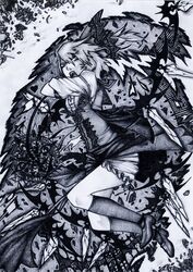  bloomers chotto commentary_request female flandre_scarlet from_side full_body greyscale hair_between_eyes hair_ribbon highres looking_back medium_hair monochrome open_mouth ribbon shards shirt shoes short_sleeves skirt socks solo teeth touhou upper_teeth_only 