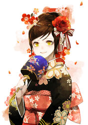  bad_id bad_pixiv_id brown_hair female floral_print flower hair_flower hair_ornament hand_fan japanese_clothes khj kimono original paper_fan petals photoshop_(medium) rose smile solo uchiwa yellow_eyes 