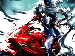  aqua_eyes aqua_hair bad_id bad_pixiv_id female hatsune_miku long_hair motor_vehicle motorcycle painttool_sai_(medium) shiinoyuko sitting smile solo twintails very_long_hair vocaloid 