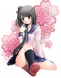  animal_ears black_eyes black_hair black_socks blush cat_ears cat_tail commentary_request female flower hair_bobbles hair_ornament kanzaki_miku kneehighs kuroinu one_side_up open_mouth original panties school_uniform serafuku sitting skirt socks solo tail tail_fondling underwear white_panties 