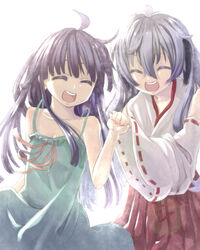  2girls ahoge bad_id bad_pixiv_id blue_hair closed_eyes detached_sleeves dress furude_rika hantsuki_(ichigonichiya) hanyuu happy higurashi_no_naku_koro_ni holding_hands japanese_clothes long_hair miko multiple_girls open_mouth purple_hair smile sundress 