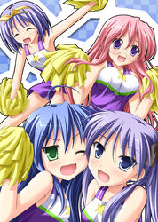  4girls ahoge bad_id bad_pixiv_id blue_eyes blue_hair bouncing_breasts breasts cheerleader closed_eyes glasses green_eyes highres hiiragi_kagami hiiragi_tsukasa izumi_konata long_hair lucky_star medium_breasts multiple_girls one_eye_closed photoshop_(medium) pink_hair pom_pom_(cheerleading) purple_eyes purple_hair short_hair siblings sisters takara_miyuki tsuda_akira twins yuri 