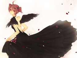  ahoge black_dress black_wings commentary_request dress drill_hair female flower hair_ornament hairclip jikei kasane_teto looking_back petals red_eyes red_hair solo twin_drills twintails utau wings 