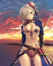  american_flag american_flag_bikini american_flag_print ass_visible_through_thighs asymmetrical_hair beach belt belt_skirt bikini blue_eyes blush breasts bun_cover choker cleavage collarbone elbow_gloves fate/grand_order fate_(series) female fingerless_gloves flag_print gloves hair_bun hair_ribbon half-skirt head_tilt highres kawanakajima koyama_hirokazu_(style) large_breasts long_hair looking_at_viewer miyamoto_musashi_(fate) miyamoto_musashi_(swimsuit_berserker)_(fate) miyamoto_musashi_(swimsuit_berserker)_(second_ascension)_(fate) navel outdoors parody parted_lips pink_hair print_bikini ribbon shiny_skin shrug_(clothing) single_elbow_glove single_hair_bun skindentation solo style_parody sunset swept_bangs swimsuit thighs tsuba_(guard) underboob wet 