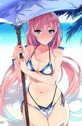  :&lt; bare_shoulders bikini blue_bikini blue_hair blue_ribbon blush breasts cleavage earrings female gradient_hair groin hair_between_eyes hair_ribbon hidebou holding idola_phantasy_star_saga jewelry long_hair looking_at_viewer low_twintails medium_breasts multi-strapped_bikini multicolored_hair navel outdoors phantasy_star phantasy_star_online_2 ribbon sidelocks solo stella_(idola) stomach sweat swimsuit thighs twintails two-tone_bikini very_long_hair white_bikini wrist_ribbon 