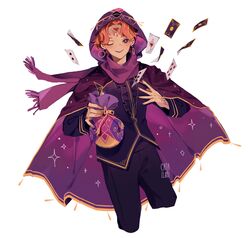  1boy artist_name bag cape card cinnamon_cookie commentary_request cookie_run earrings highres holding holding_bag hood humanization jewelry korean_commentary long_sleeves male_focus one_eye_closed orange_hair pants pouch purple_cape purple_scarf ri_(catallarii) scarf short_hair simple_background smile solo tattoo white_background 