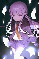  absurdres black_footwear black_gloves black_jacket black_ribbon boots braid brown_necktie collared_shirt commentary_request danganronpa:_trigger_happy_havoc danganronpa_(series) feet_out_of_frame female frown gloves hair_ornament hair_ribbon highres jacket kirigiri_kyoko knee_boots long_hair looking_at_viewer miniskirt multicolored_background necktie open_clothes open_jacket pleated_skirt purple_eyes purple_hair purple_skirt ribbon shirt side_braid single_braid skirt solo usanta white_shirt 