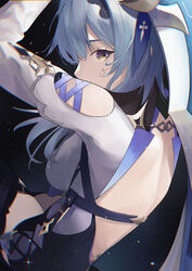  absurdres back_cutout black_thighhighs blue_hair breasts chromatic_aberration clothing_cutout commentary eula_(genshin_impact) female from_behind genshin_impact gradient_eyes highres igawa_hikaru light_particles long_hair looking_at_viewer looking_back multicolored_eyes purple_eyes shoulder_cutout solo thighhighs upper_body yellow_eyes 