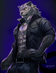  2020 abs anthro black_body black_fur brand_new_animal clothed clothing digital_media_(artwork) digital_painting_(artwork) felid fur hi_res leopard male mammal muscular muscular_anthro muscular_male pantherine pecs simple_background sky_gomi solo studio_trigger vincent_(brand_new_animal) 