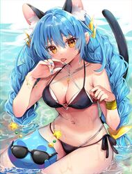  :p animal_ears bikini black_bikini blue_cat blue_cat_(precure) blue_hair blue_nails blush bracelet breasts cat_ears cat_girl cat_tail collarbone cure_cosmo eru extra_ears female fingernails hair_between_eyes jewelry long_hair medium_breasts nail_polish navel precure prunce_(precure) side-tie_bikini_bottom sitting star_twinkle_precure sunglasses swimsuit tail tongue tongue_out twintails water wet yuni_(precure) 