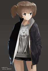  alisa_(girls_und_panzer) artist_name autism_wanderer bad_id bad_pixiv_id black_background black_jacket black_shorts brown_eyes brown_hair casual closed_mouth commentary_request cowboy_shot dated dog_tags female freckles girls_und_panzer grey_shirt hair_ornament hands_in_pockets highres jacket light_frown looking_to_the_side open_clothes open_jacket shirt short_hair short_shorts short_twintails shorts simple_background solo standing star_(symbol) star_hair_ornament twintails zipper 