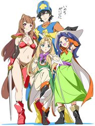  1boy 3girls alternate_costume animal_ears armor bikini bikini_armor bikini_top_only black_eyes black_footwear black_gloves black_hair blonde_hair blue_eyes blue_hair blunt_bangs boots brown_hair cape chest_tattoo commentary_request cosplay dragon_quest dragon_quest_iii dress fighter_(dq3) fighter_(dq3)_(cosplay) filo_(tate_no_yuusha_no_nariagari) gloves green_dress iwatani_naofumi long_hair looking_at_viewer mage_(dq3) mage_(dq3)_(cosplay) melty_q_melromarc multiple_girls navel orange_cape pants priest_(dq3) priest_(dq3)_(cosplay) raccoon_ears raccoon_girl raccoon_tail raphtalia red_bikini red_footwear red_gloves sash slave_brand smile soldier_(dq3) soldier_(dq3)_(cosplay) standing swimsuit tabard tail tate_no_yuusha_no_nariagari tattoo traditional_media umanosuke very_long_hair white_pants yellow_gloves 