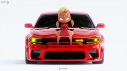  16:9 3d_(artwork) anthro baozi_(diives) breasts canid canine canis car clothing cumminham digital_media_(artwork) dodge_(brand) dodge_charger dodge_hellcat domestic_dog dress female footwear glowing_accessory hi_res looking_at_viewer mammal red_car red_clothing red_dress red_footwear red_shoes sheeple3d shoes simple_background size_difference smaller_female solo vehicle white_background widescreen xingzuo_temple yellow_eyes 