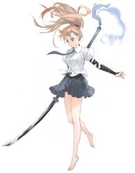  bare_legs barefoot belt blue_necktie breast_pocket brown_eyes brown_hair collared_shirt commentary_request dress_shirt female floating floating_hair full_body highres hirooka_masaki holding holding_sword holding_weapon long_hair nagamaki necktie original pleated_skirt pocket polearm ponytail shirt simple_background skirt solo sword weapon white_background white_shirt 