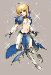  ahoge alternate_costume armored_boots artoria_pendragon_(fate) bad_id bad_pixiv_id bike_shorts black_shorts blonde_hair blue_eyes blue_ribbon blue_sleeves boots bra braid braided_bun breasts cleavage closed_mouth commentary_request cosplay fate/stay_night fate_(series) female full_body gauntlets grey_background grey_footwear groin hair_bun hair_ribbon highres knee_boots looking_at_viewer midriff miyu_edelfelt miyu_edelfelt_(cosplay) navel none_(kameko227) ribbon saber_(fate) short_hair short_shorts short_sleeves shorts shrug_(clothing) sidelocks small_breasts smile solo sparkle stomach strapless strapless_bra underwear white_bra 