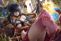  bare_shoulders barefoot black_hair breasts commentary_request covered_nipples crossed_legs detached_sleeves dress ecchi1008816 feather_trim feet female fingernails hair_between_eyes highres holding holding_staff large_breasts licking_lips long_hair looking_at_viewer orange_eyes photoshop_(medium) red_dress revealing_clothes sharp_fingernails sitting slit_pupils snake solo staff thighs tongue tongue_out tower_of_saviors underboob 