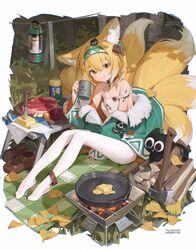  :q absurdres animal animal_ears arknights axe bilibili_username bilibili_xiaolu black_cat blonde_hair blush brown_footwear butter camping chinese_commentary commentary_request cup feet feline female firewood folding_table food fox_ears fox_girl fox_tail frying_pan fur-trimmed_jacket fur_trim grass green_eyes green_hairband green_jacket hair_ornament hairband heixiu highres holding holding_cup jacket kerosene_lamp kitsune knife knight legs licking_lips log looking_at_viewer luo_xiaohei luo_xiaohei_(cat) luo_xiaohei_zhanji mary_janes material_growth multiple_tails no_shoes off_shoulder open_clothes open_jacket oripathy_lesion_(arknights) outdoors pantyhose pixiv_username plantar_flexion planted planted_knife portable_stove raw_meat shoes solo strap_slip suzuran_(arknights) table tail tank_top tongue tongue_out unworn_shoes watermark white_pantyhose white_tank_top 