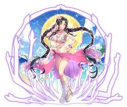  beach bead_bracelet beads bikini blue_sky bracelet braid breasts brown_hair commentary_request day extra_arms facial_mark fate/grand_order fate_(series) female flower forehead_mark full_body gladiator_sandals highres jewelry large_breasts long_hair looking_at_viewer mandala matsumoto_tomoyohi mudra navel necklace ocean platform_footwear sandals sarong sessyoin_kiara sessyoin_kiara_(swimsuit_mooncancer) sessyoin_kiara_(swimsuit_mooncancer)_(first_ascension) sky sling_bikini_top smile solo standing swimsuit tattoo twin_braids underboob vitarka_mudra yellow_eyes 