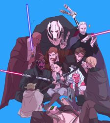  0109_(artist) 2girls 6+boys ahsoka_tano alien anakin_skywalker animification bald beard blonde_hair blue_background blue_eyes brown_hair cape closed_eyes colored_skin commentary count_dooku cyborg dark-skinned_male dark_skin darth_maul energy_sword english_commentary facial_hair father_and_son flying_sweatdrops general_grievous green_eyes hand_on_own_chin holding holding_sword holding_weapon indian_style invisible_chair jedi lightsaber looking_at_another luke_skywalker lying mace_windu mask mask_on_head moustache multiple_boys multiple_girls obi-wan_kenobi on_back open_mouth purple_lightsaber qui-gon_jinn red_lightsaber red_skin rey_(star_wars) robe scar scar_across_eye short_hair simple_background sith sitting sleep_mask smile sparkle standing star_wars star_wars:_the_clone_wars stroking_own_chin sword teeth togruta upper_teeth_only weapon white_hair yoda 