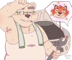  2021 anthro bear blush bodily_fluids car duo eyewear felid glasses humanoid_hands jamiephut kemono leib_(tas) lifewonders male mammal overweight overweight_male pantherine polar_bear smoking solo_focus sweat tiger tokyo_afterschool_summoners towel towel_around_neck ursine vehicle 