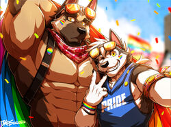  abs absurd_res accessory anthro biceps big_muscles bodypaint bracelet canid canine canis clothed clothing domestic_dog drks duo eyewear face_paint flag flag_(object) fur german_shepherd glasses hair hardy_(drks) herding_dog hi_res holding_flag holding_object husky jewelry legwear lgbt_pride lgbt_pride_month male male/male mammal multicolored_bracelet multicolored_jewelry muscular muscular_anthro muscular_male nipples nordic_sled_dog pastoral_dog patrick_(drks) pecs pin_accessory pride_color_accessory pride_color_background pride_color_bodypaint pride_color_bracelet pride_color_clothing pride_color_face_paint pride_color_flag pride_color_jewelry pride_color_legwear pride_color_markings pride_colors pride_pin rainbow_flag rainbow_pride_colors rainbow_symbol simple_background six-stripe_rainbow_pride_colors smile spitz topwear 